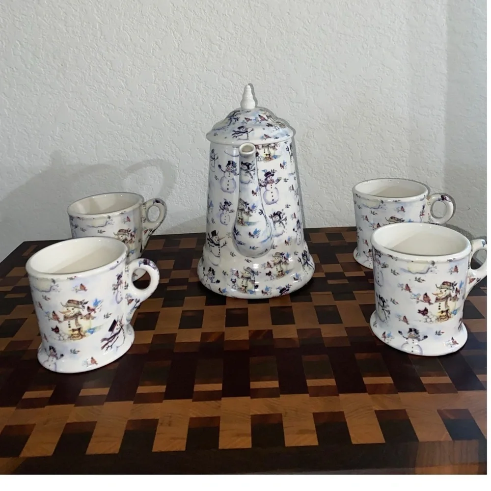 Vintage Grace Snowman Christmas Holiday Porcelain Tea\Coffee Set Kettle/4 Mugs